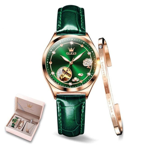 beautefeminine.fr Vert Femmes montre mécanique bracelet en cuir bracelet