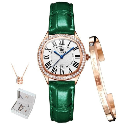 Clamanta Beauty Vert Montre-bracelet de luxe en cuir pour femmes