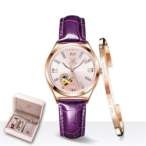 Clamanta Beauty Violet Montre mécanique Bracelet en cuir et collier pour femmes 3pcs dans un joli coffret