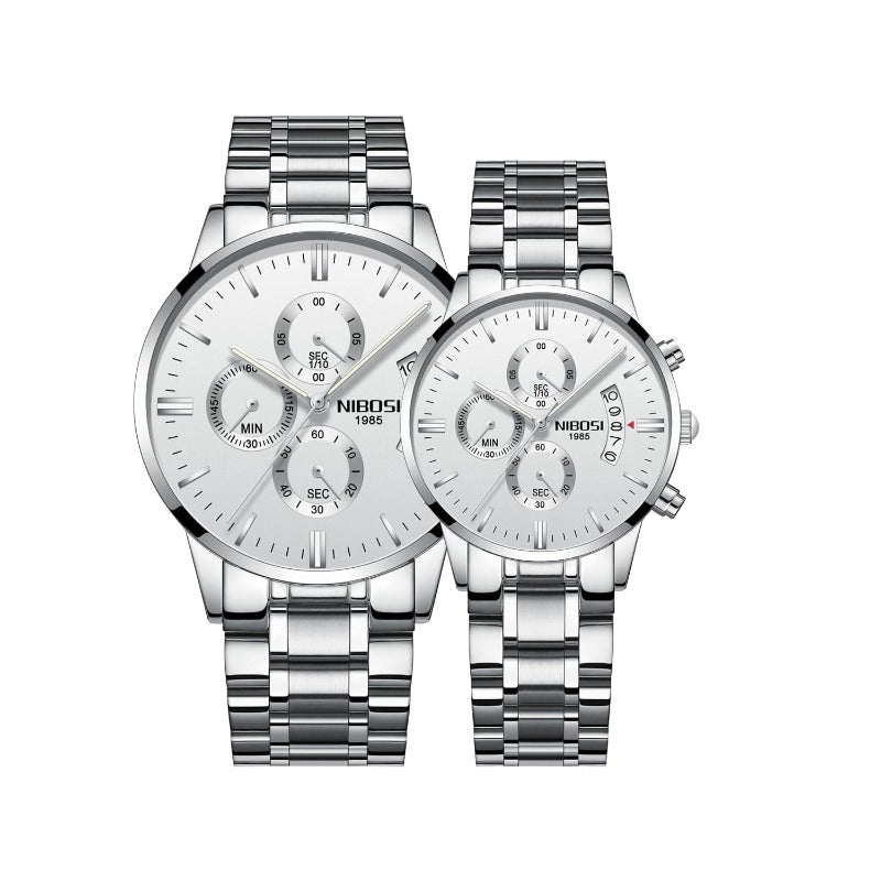 Clamanta Beauty Argent Montre de Couple Chronographe simplement chic en acier inoxydable