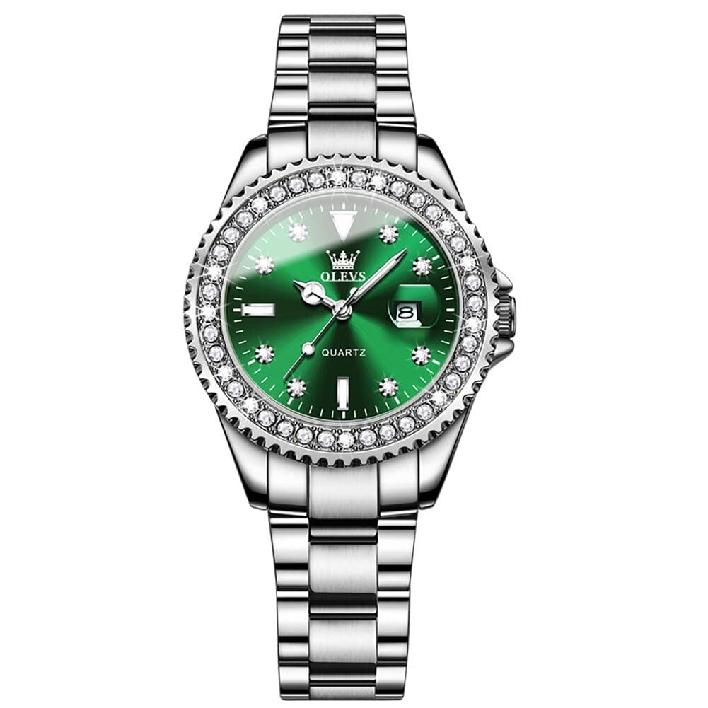 Clamanta Beauty Argent Montre vert à Quartz pour femmes bracelet en cuir vert élégant