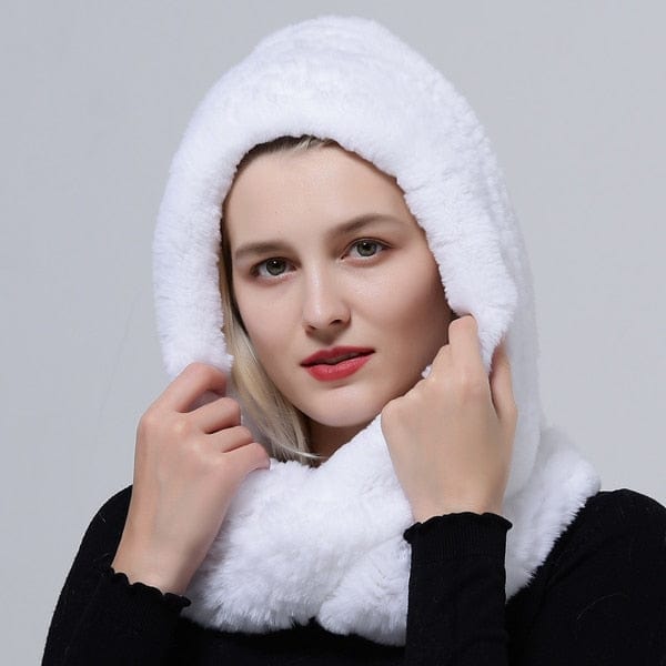 Clamanta Beauty Blanc Chapeau à capuche tricoté en fourrure