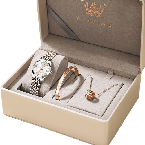 Clamanta Beauty Blanc - Coffret Bracelet-Montre à Quartz pour femmes en inox massif