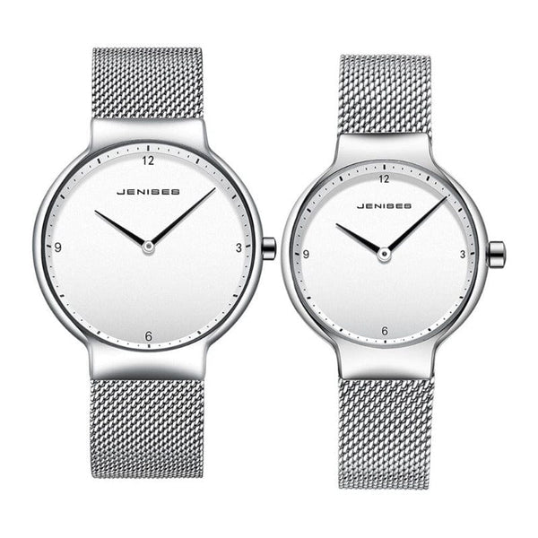 Clamanta Beauty Blanc Montre à Quartz Ultra mince maille en acier pour hommes et femmes