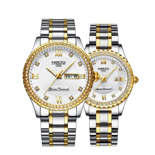 Clamanta Beauty Blanc/Or Montre de Couple Chronographe simplement chic en acier inoxydable