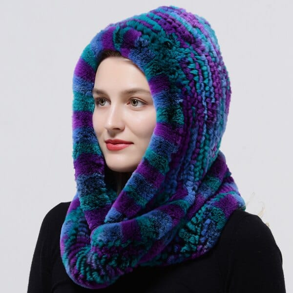 Clamanta Beauty Bleu Chapeau à capuche tricoté en fourrure