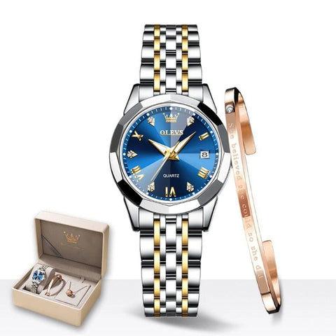 Clamanta Beauty Bleu - Coffret Bracelet-Montre à Quartz pour femmes en inox massif