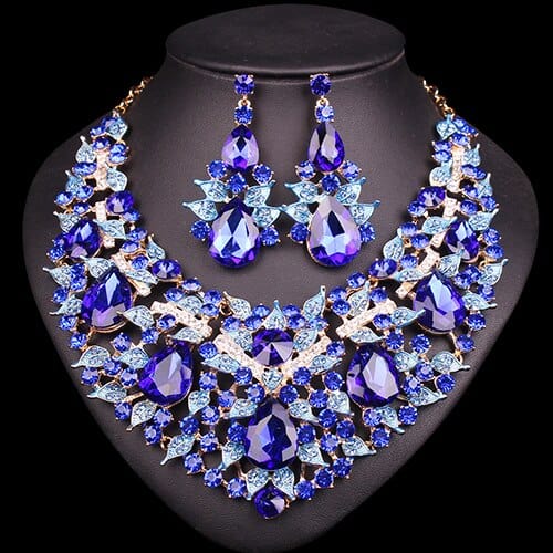 Clamanta Beauty Bleu Ensemble de boucles d'oreilles et collier en forme de feuilles