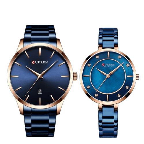 Clamanta Beauty Bleu Ensemble montre minimaliste doré pour Couple
