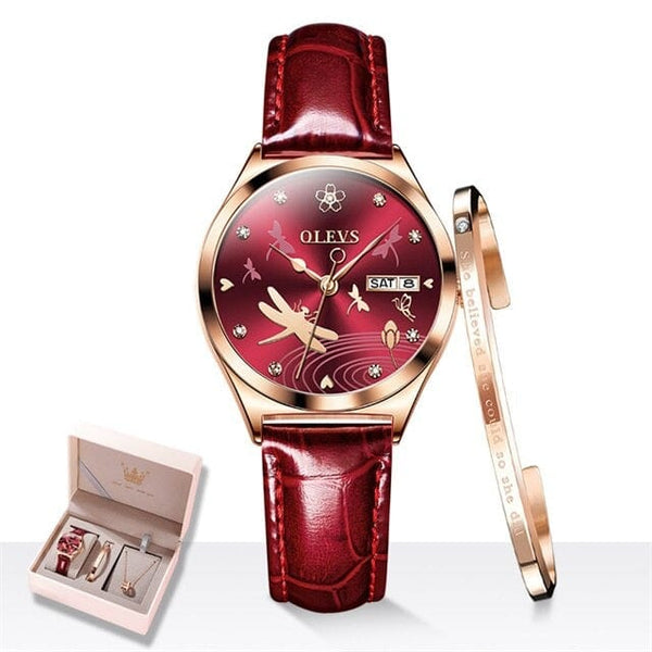 Clamanta Beauty Bordeaux Bracelet -montre mécanique Bracelet cuir et collier pour femme