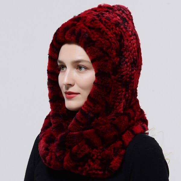 Clamanta Beauty Bordeaux Chapeau à capuche tricoté en fourrure