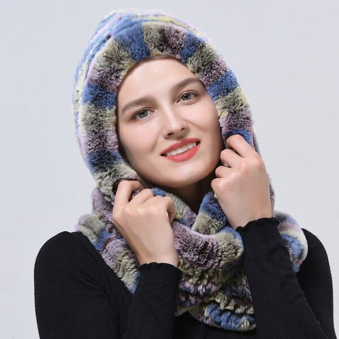 Clamanta Beauty Gris Chapeau à capuche tricoté en fourrure