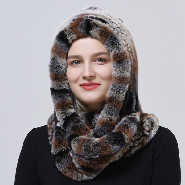 Clamanta Beauty Marron Chapeau à capuche tricoté en fourrure