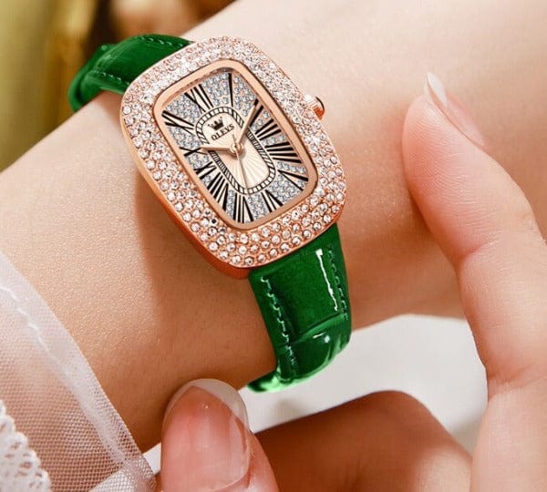 Clamanta Beauty Montre bracelet en cuir cadran cristal de luxe pour femmes