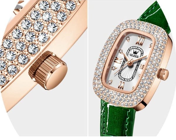 Clamanta Beauty Montre bracelet en cuir cadran cristal de luxe pour femmes