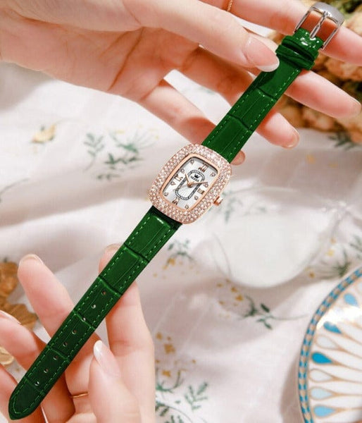 Clamanta Beauty Montre bracelet en cuir cadran cristal de luxe pour femmes