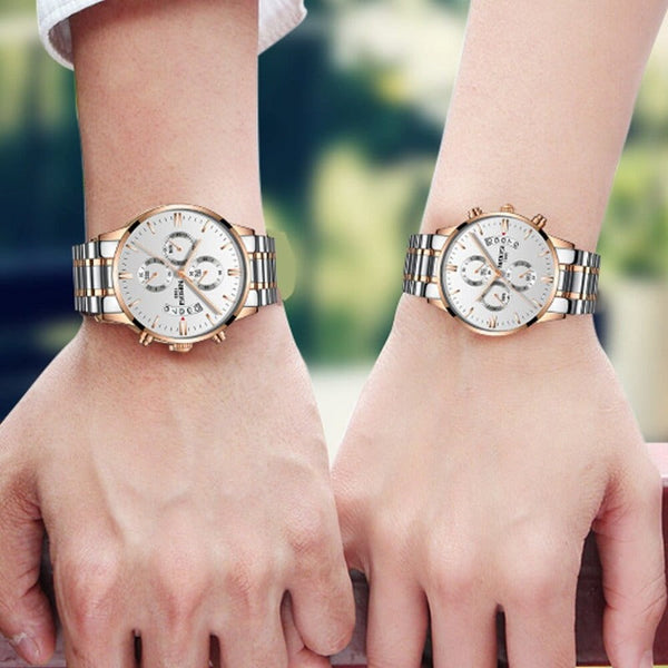 Clamanta Beauty Montre de Couple Chronographe simple et chic en acier inoxydable