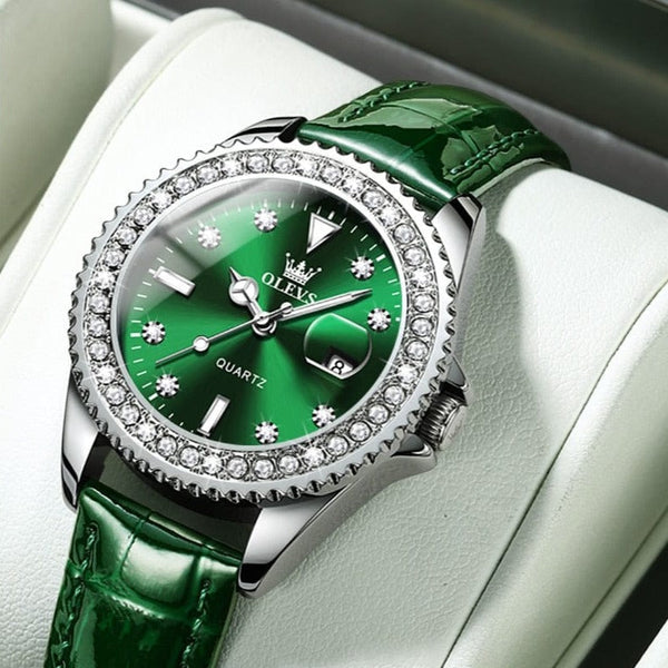 Clamanta Beauty Montre vert à Quartz pour femmes bracelet en cuir vert élégant