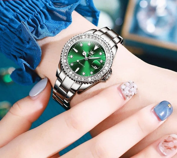Clamanta Beauty Montre vert à Quartz pour femmes bracelet en cuir vert élégant