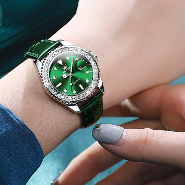 Clamanta Beauty Montre vert à Quartz pour femmes bracelet en cuir vert élégant