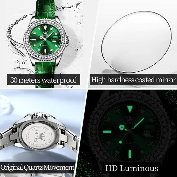 Clamanta Beauty Montre vert à Quartz pour femmes bracelet en cuir vert élégant