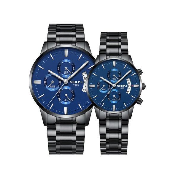 Clamanta Beauty Noir/Bleu Montre Chronographe simple et chic de Couple