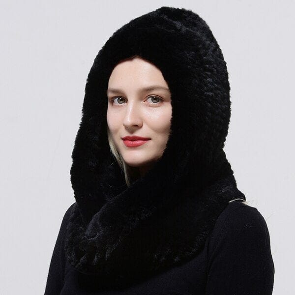 Clamanta Beauty Noir Chapeau à capuche tricoté en fourrure