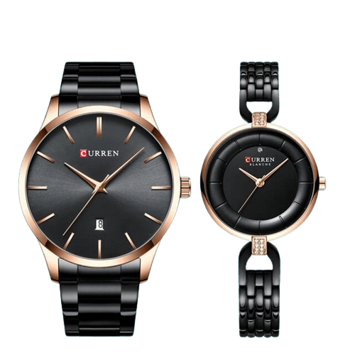 Clamanta Beauty Noir Ensemble montre doré pour homme et femme