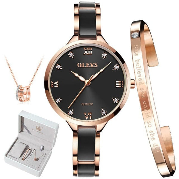 Clamanta Beauty Noir Montre à Quartz élégante bracelet en céramique