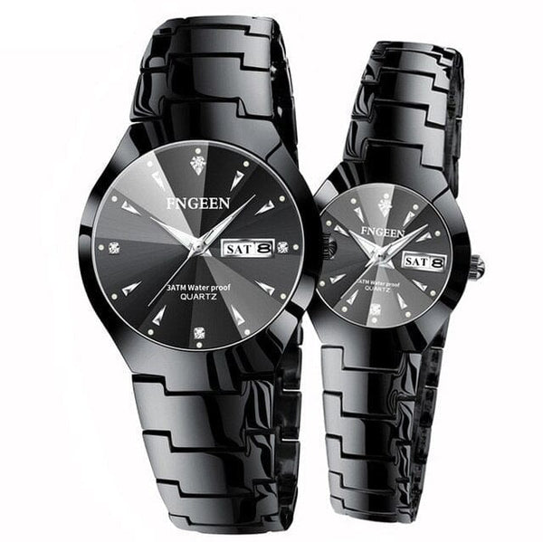 Clamanta Beauty Noir Montre acier tungstène rond pour amoureux