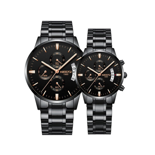 Clamanta Beauty Noir Montre de Couple Chronographe simple et chic en acier inoxydable