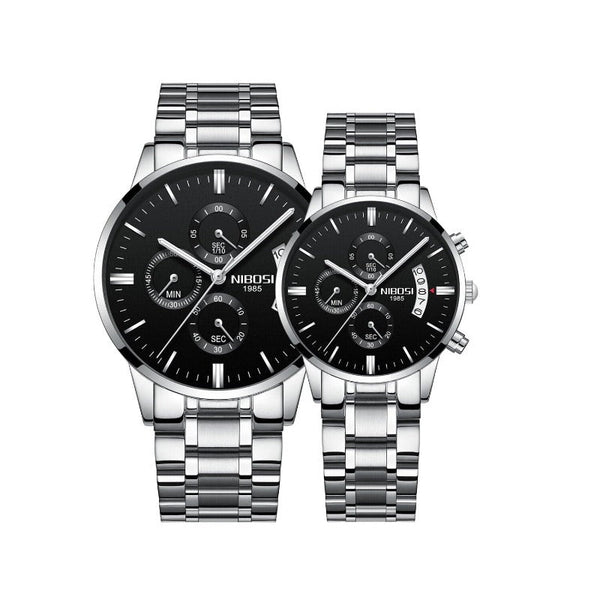 Clamanta Beauty Noir Montre de Couple Chronographe simplement chic en acier inoxydable
