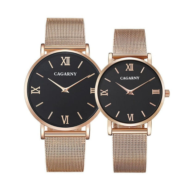 Clamanta Beauty Noir Montre Ultra-fine pour hommes et femmes, bracelet en acier inoxydable