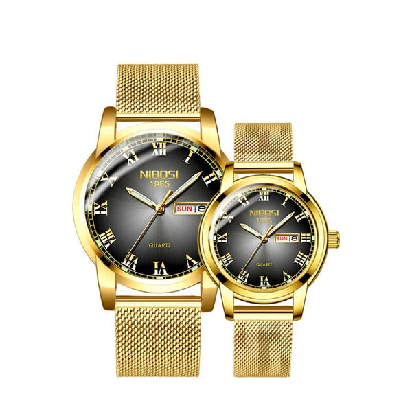 Clamanta Beauty Noir/Or Montre de Couple Chronographe simplement chic en acier inoxydable