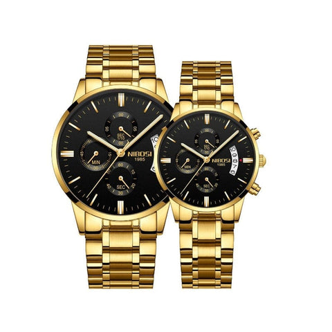 Clamanta Beauty Or/Noir Montre de Couple Chronographe simple et chic en acier inoxydable