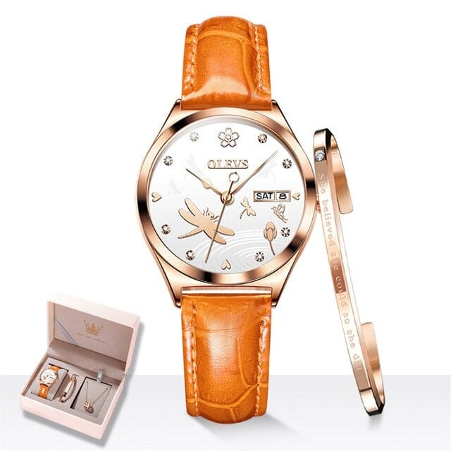 Clamanta Beauty Orange Bracelet -montre mécanique Bracelet cuir et collier pour femme