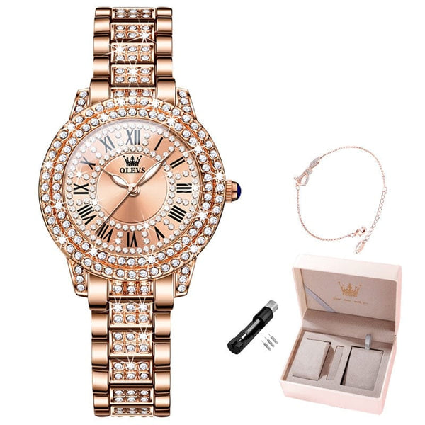 Clamanta Beauty Rose Ensemble Montre esthétique en cristal et Bracelet élégante pour femme