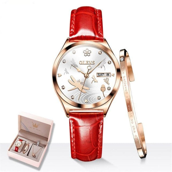 Clamanta Beauty Rouge Bracelet -montre mécanique Bracelet cuir et collier pour femme