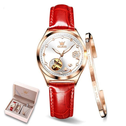 Clamanta Beauty Rouge Bracelet- montre mécanique en cuir style tendance pour femmes