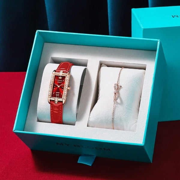 Clamanta Beauty Rouge Montre carré à Quartz Bracelet en cuir pour femmes