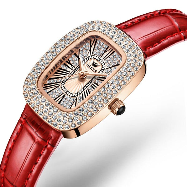 Clamanta Beauty Rouge/Noir Montre bracelet en cuir cadran cristal de luxe pour femmes