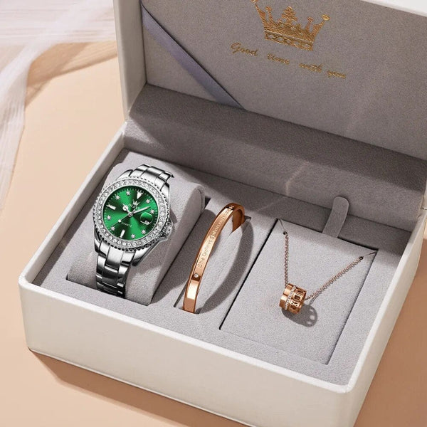 Clamanta Beauty Vert/Argent Coffret montre et un bracelet élégants pour femme