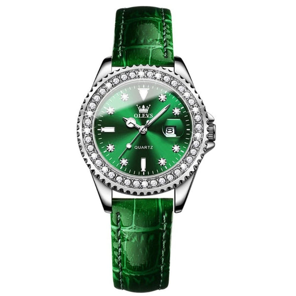 Clamanta Beauty Vert Montre vert à Quartz pour femmes bracelet en cuir vert élégant