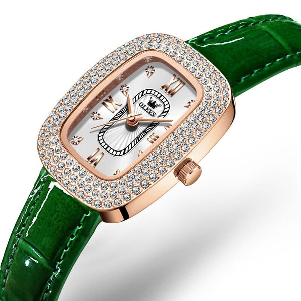 Clamanta Beauty Vert/Noir Montre bracelet en cuir cadran cristal de luxe pour femmes