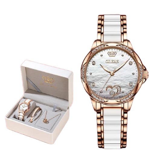 Clamanta Beauty  Montre céramique Blanc Montre mécanique automatique en céramique 3 pcs ensemble cadeau femmes