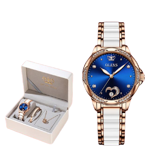Clamanta Beauty  Montre céramique Bleu Montre mécanique automatique en céramique 3 pcs ensemble cadeau femmes