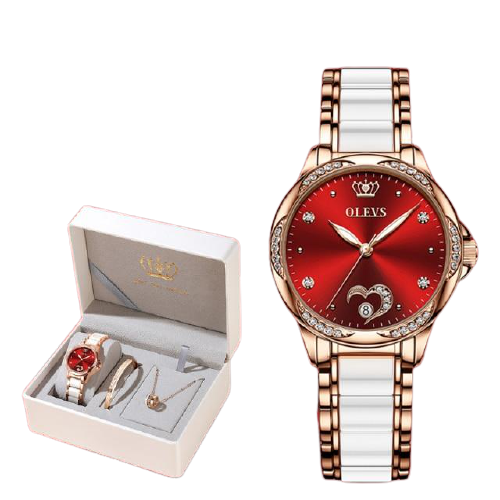 Clamanta Beauty  Montre céramique Rouge Montre mécanique automatique en céramique 3 pcs ensemble cadeau femmes
