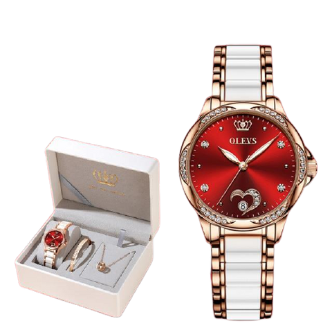 Clamanta Beauty  Montre céramique Rouge Montre mécanique automatique en céramique 3 pcs ensemble cadeau femmes