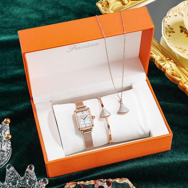 Clamanta Beauty  Or Montre carrée en acier titane Bracelet et collier pour femme