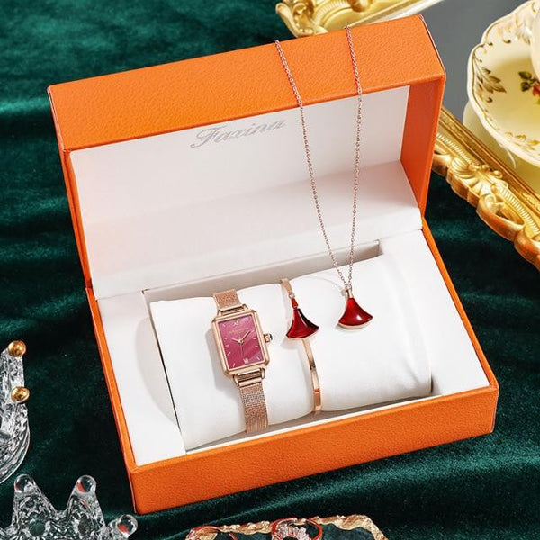 Clamanta Beauty  Rouge Montre carrée en acier titane Bracelet et collier pour femme